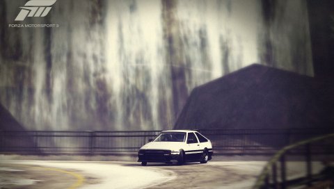 Forza motorsport, автомобиль, дорога, дрифт, забор