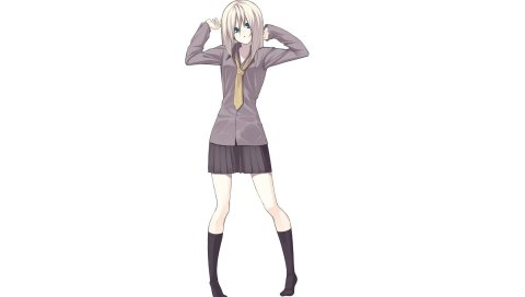 Девушка, блондинка, рубашка, галстук, юбка, носки, фон