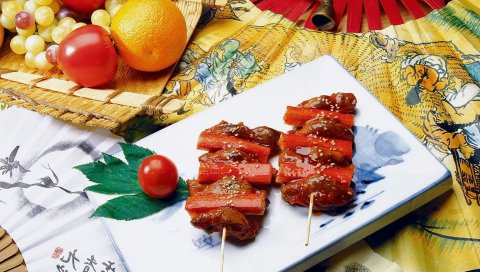 Мясо краба, мечи, помидор, стол, японская кухня