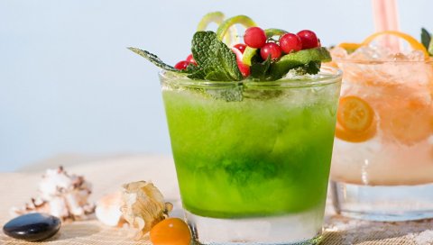 Мохито, коктейли, пляж, освежающие, ягоды, ракушки