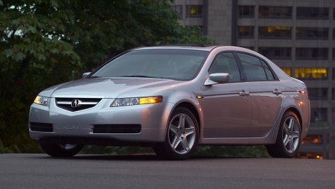 Acura, tl, 2004, серебристый металлик, вид сбоку, стиль, автомобили, здания, деревья, асфальт
