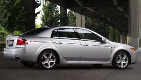 Acura, tl, 2004, серебристый металлик, вид сбоку, стиль, автомобили, мосты, деревья, асфальт
