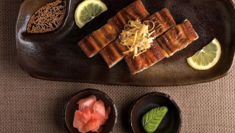 Рыба, соус, кунжут, японская кухня, лимон, укладка