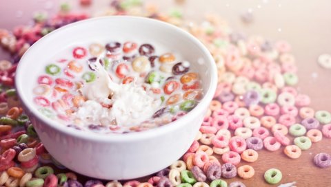 Хлопья, локоны, разноцветные, молоко, завтрак