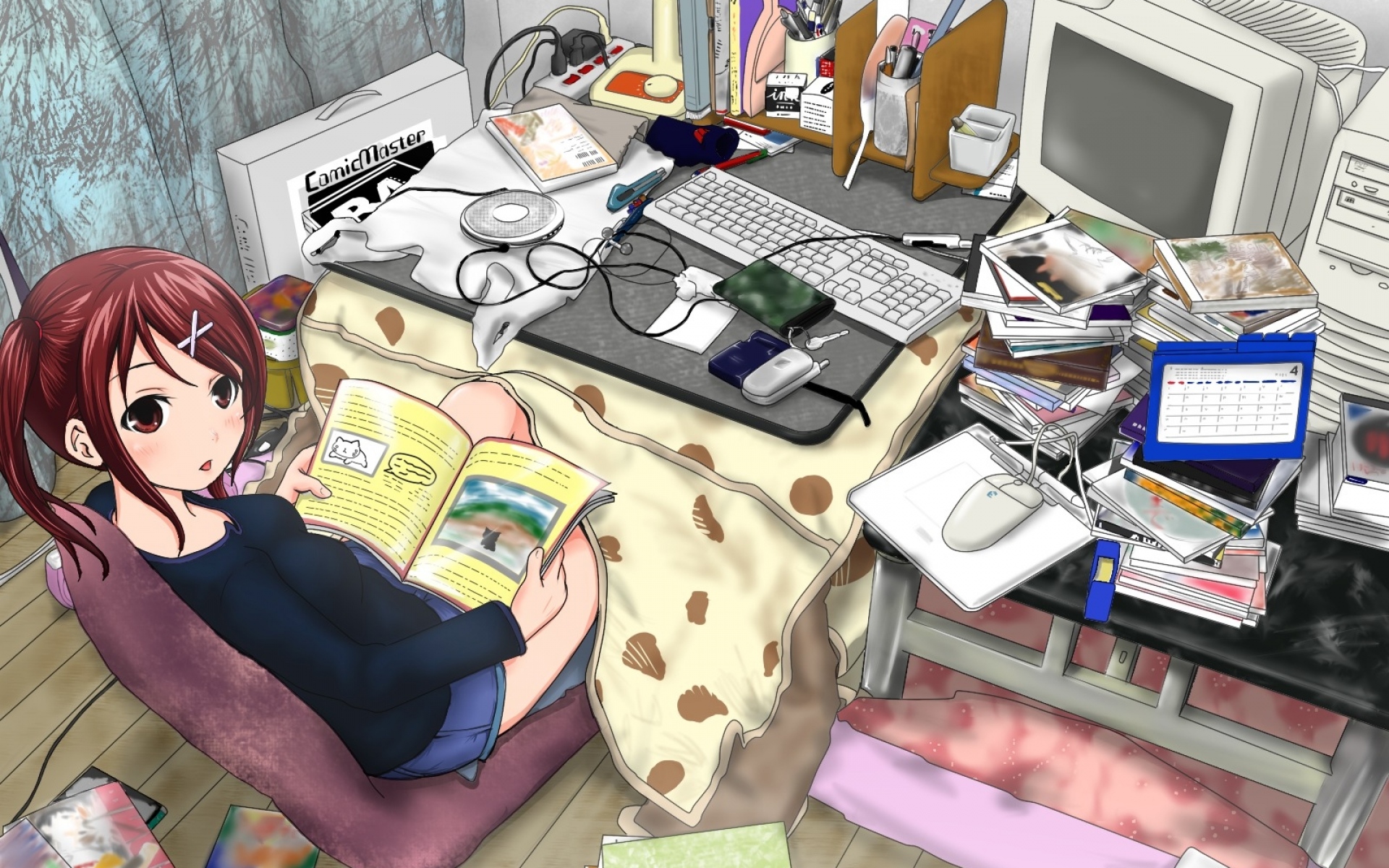 Картинки Девушка, брюнетка, комната, стол, компьютер, книга фото и обои на рабочий стол