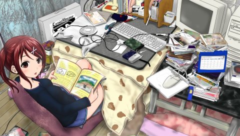 Девушка, брюнетка, комната, стол, компьютер, книга