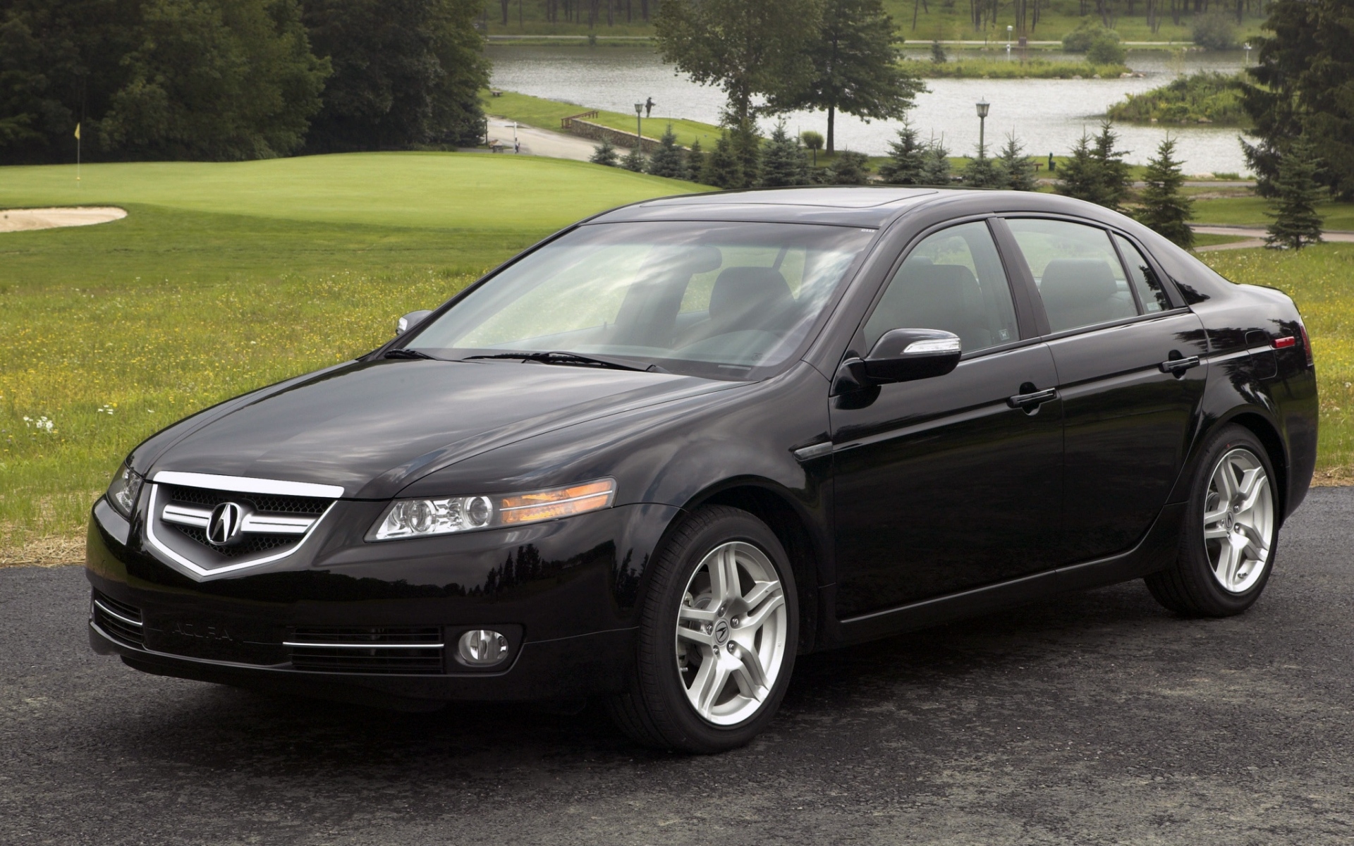Картинки Acura, tl, 2007, черный, вид сбоку, стиль, автомобили, природа, деревья, газон, вода фото и обои на рабочий стол