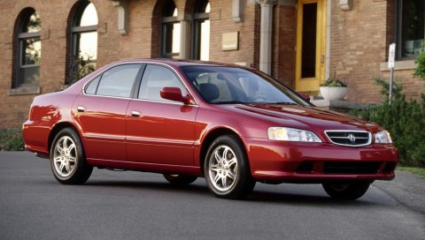 Acura, tl, 1999, красный, вид сбоку, стиль, здание, трава, асфальт