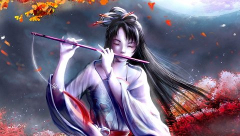 Девушка, брюнетка, флейта, кимоно, листва, осень, луна