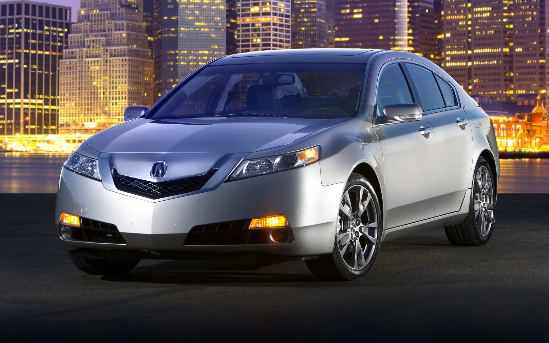 Картинки Acura, tl, 2008, серебристый металлик, вид спереди, стиль, автомобили, город, огни фото и обои на рабочий стол