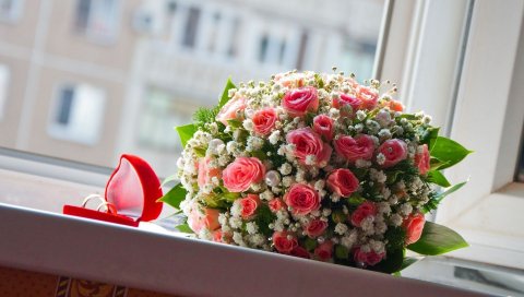 Розы, букеты, воздушный шар, жемчуг, коробка, кольца, свадьба, счастье