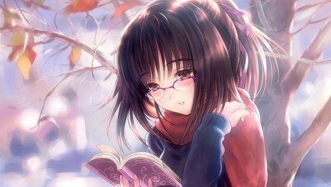 Девушка, брюнетка, очки, книга, чтение, дерево