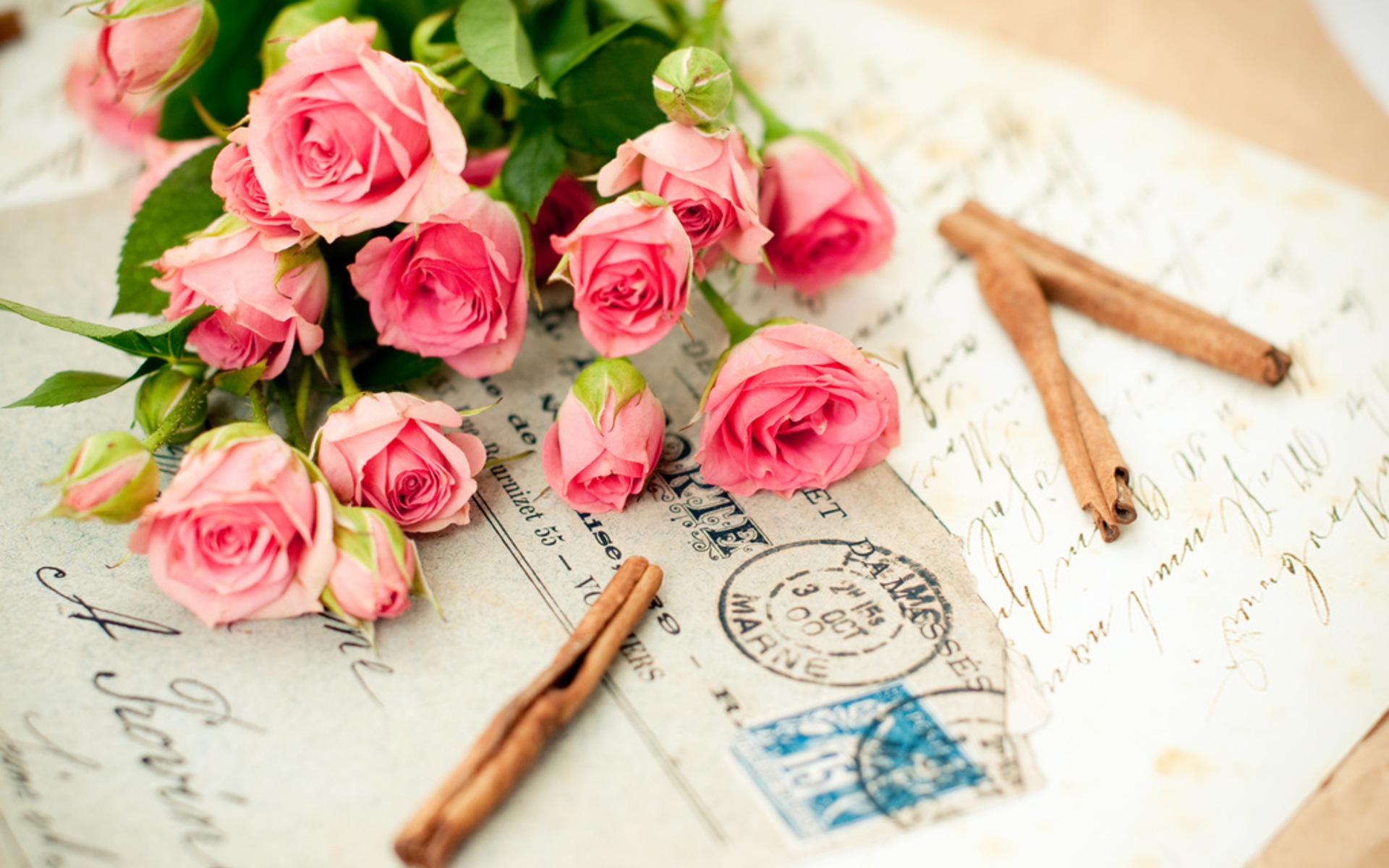 Картинки Розы, цветы, букет, письмо, корица фото и обои на рабочий стол