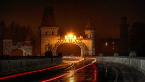 Город, арка, вход, ночь, дорога, свет