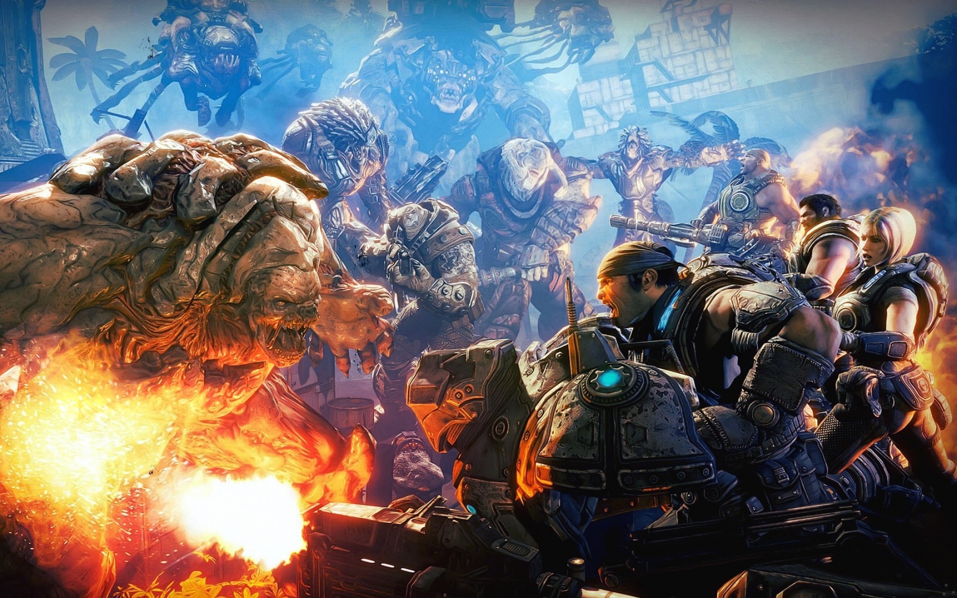 Картинки Шестерни войны, монстр, стрельба, солдаты, крик, marcus fenix фото и обои на рабочий стол