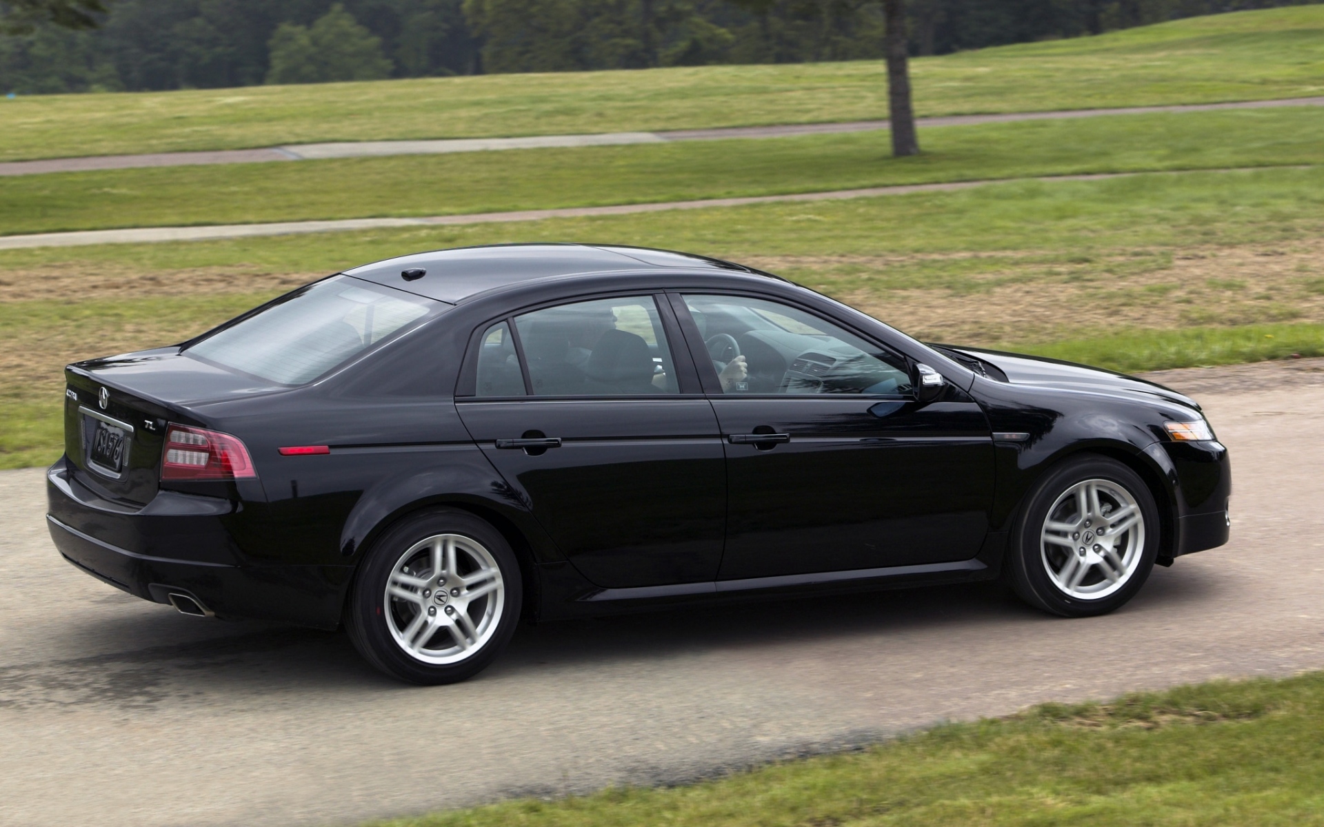 Картинки Acura, tl, 2007, черный, вид сбоку, стиль, автомобили, деревья, трава, асфальт фото и обои на рабочий стол