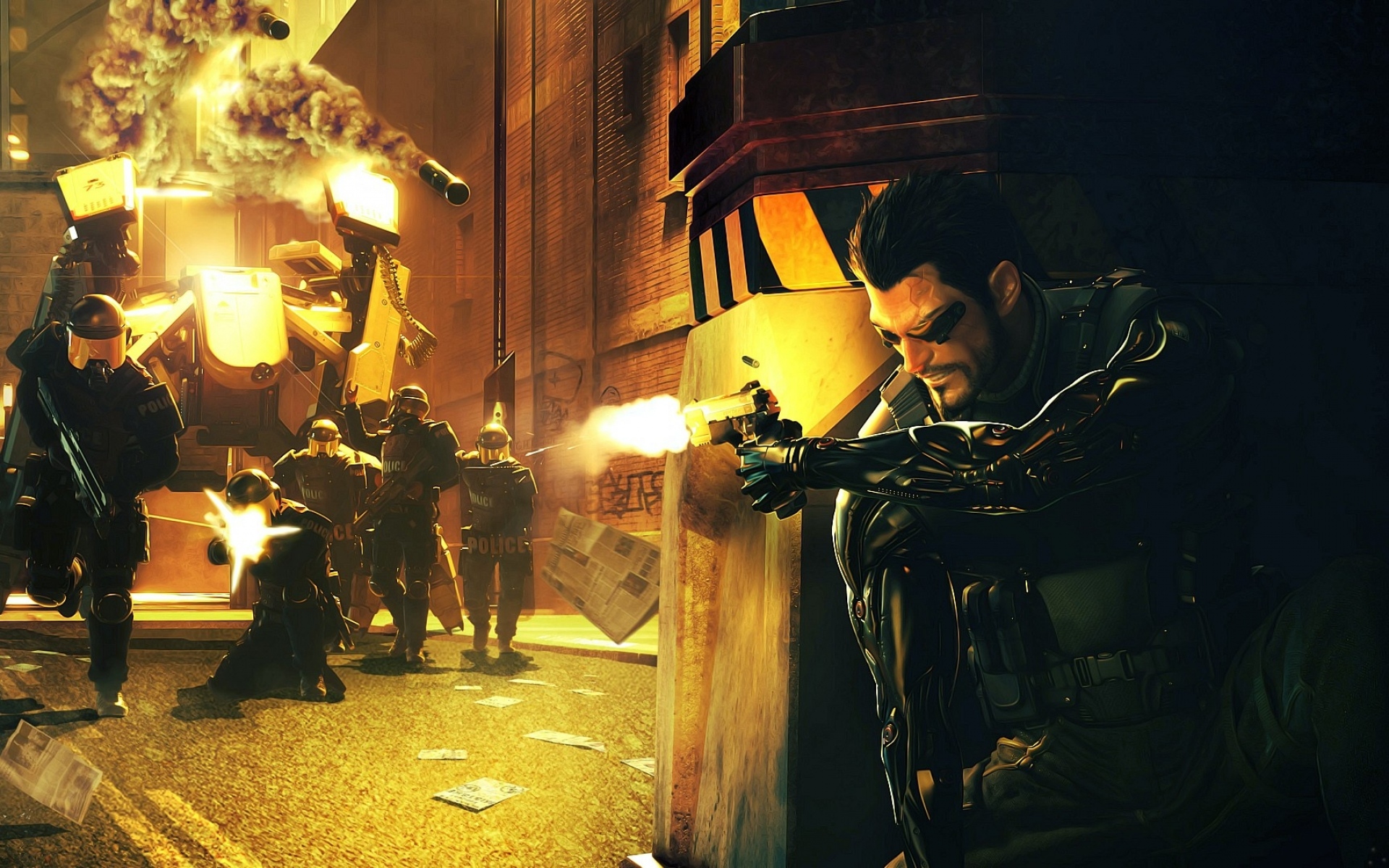 Картинки Deus ex, adam jensen, полиция, стрельба, робот фото и обои на рабочий стол