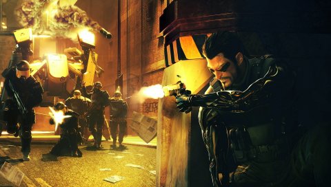 Deus ex, adam jensen, полиция, стрельба, робот