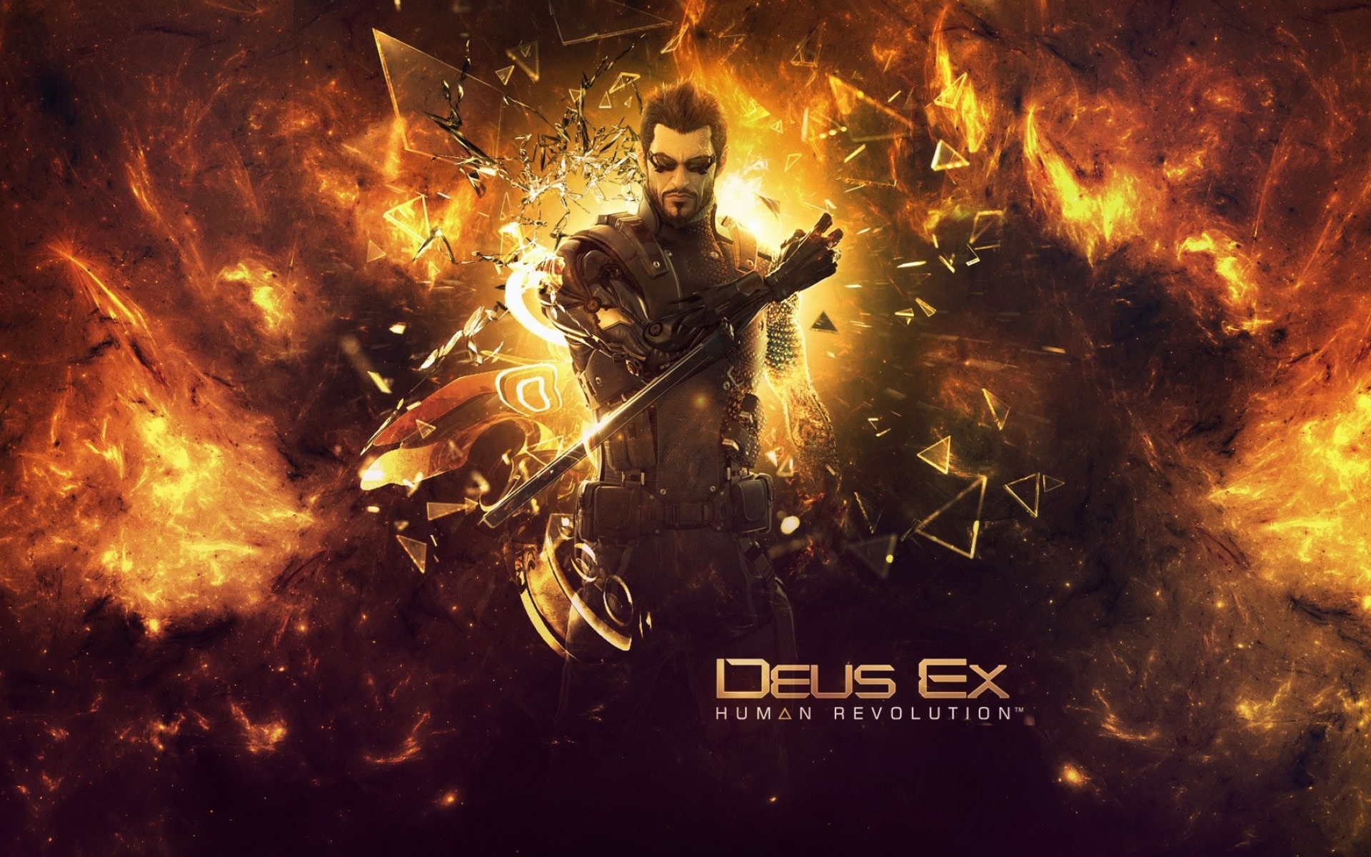 Картинки Deus ex human revolution, adam jensen, glass, fire, look фото и обои на рабочий стол