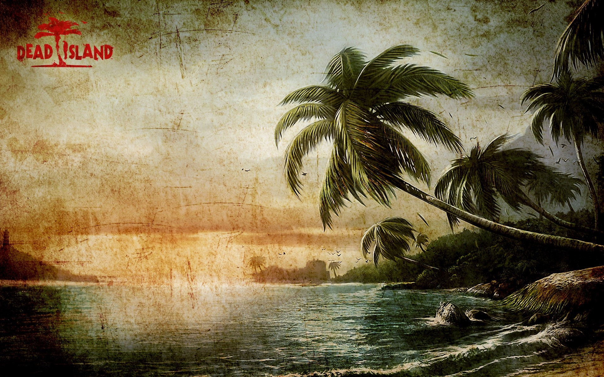 Картинки Мертвый остров, пальмы, волны, закат, графика фото и обои на рабочий стол