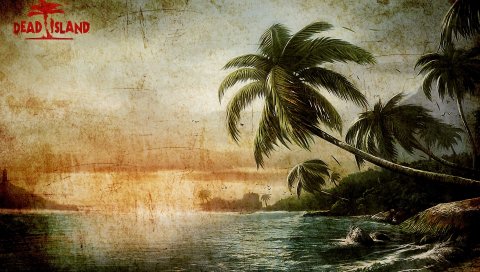Мертвый остров, пальмы, волны, закат, графика