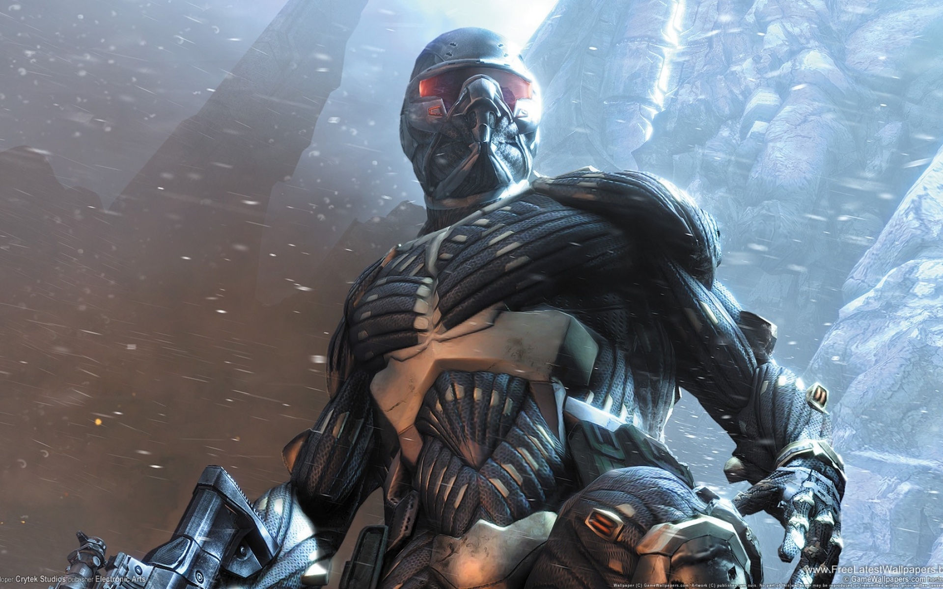 Картинки Crysis, костюм, ружье, взгляд, снег, alcatraz фото и обои на рабочий стол