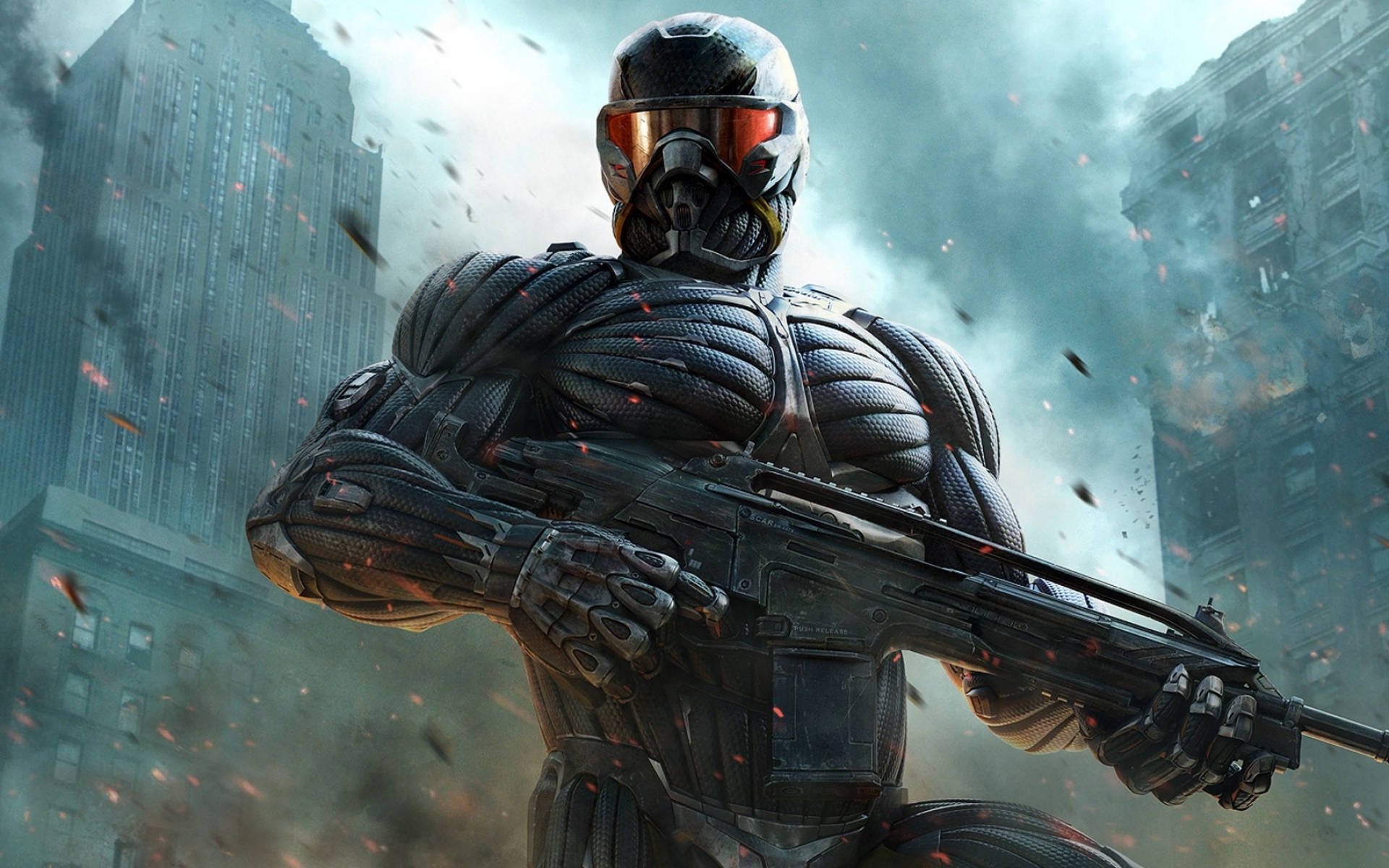 Картинки Crysis, пророк, пистолет, взгляд, дома, alcatraz фото и обои на рабочий стол
