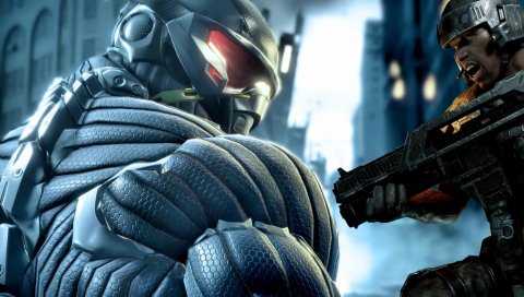 Crysis, взгляд, костюм, пушка, улица, город