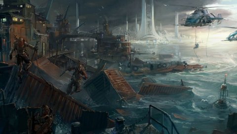 Грань, фан-арт, море, город, вертолеты