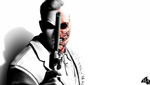 Batman arkham city, персонаж, лицо, пистолет, летучая мышь, черный и белый