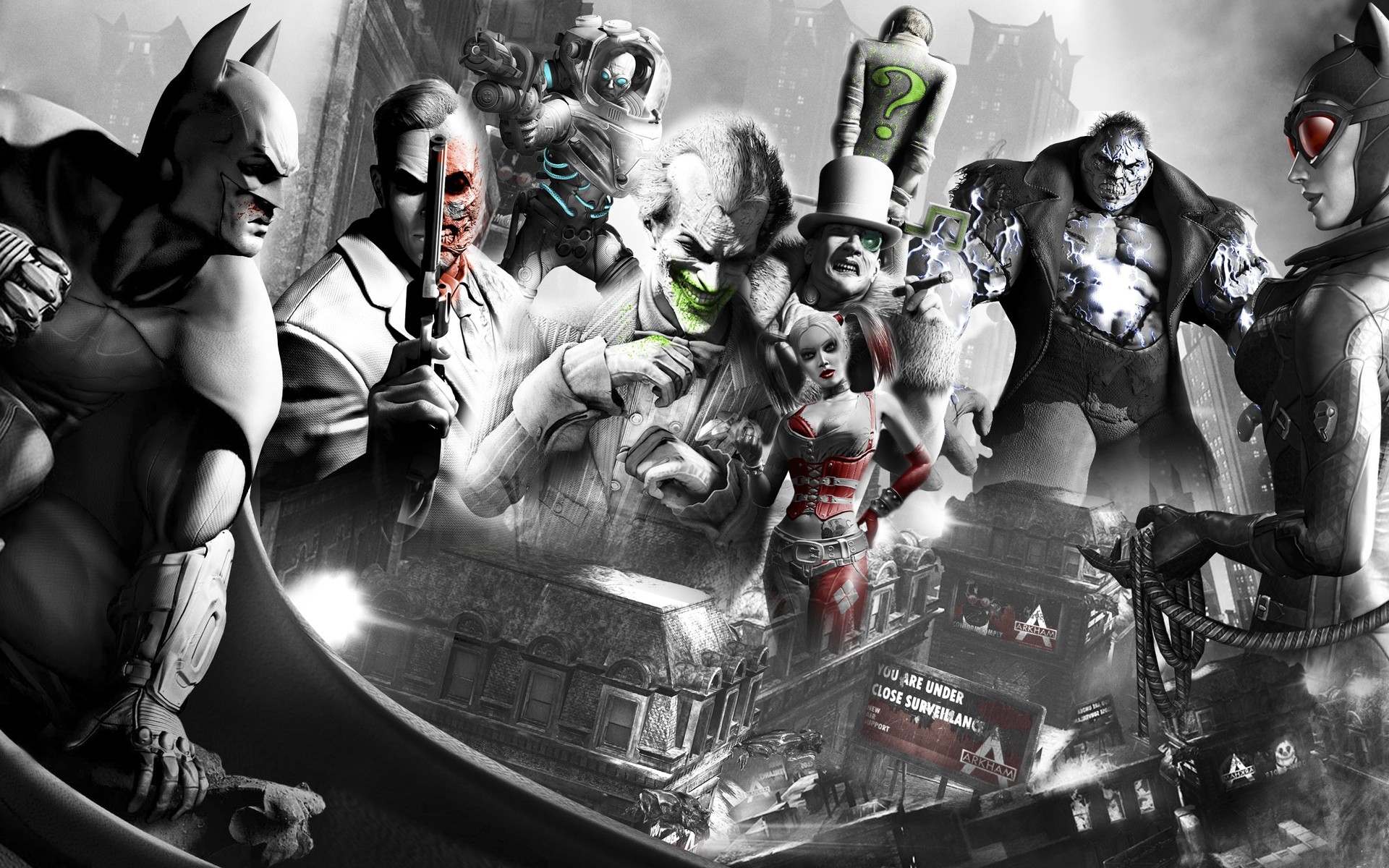 Картинки Batman arkham city, персонажи, лица, участники, пистолет, улыбка, черно-белый, харли-куинн, котенок, пингвин, двуликий, м-р-фриз фото и обои на рабочий стол