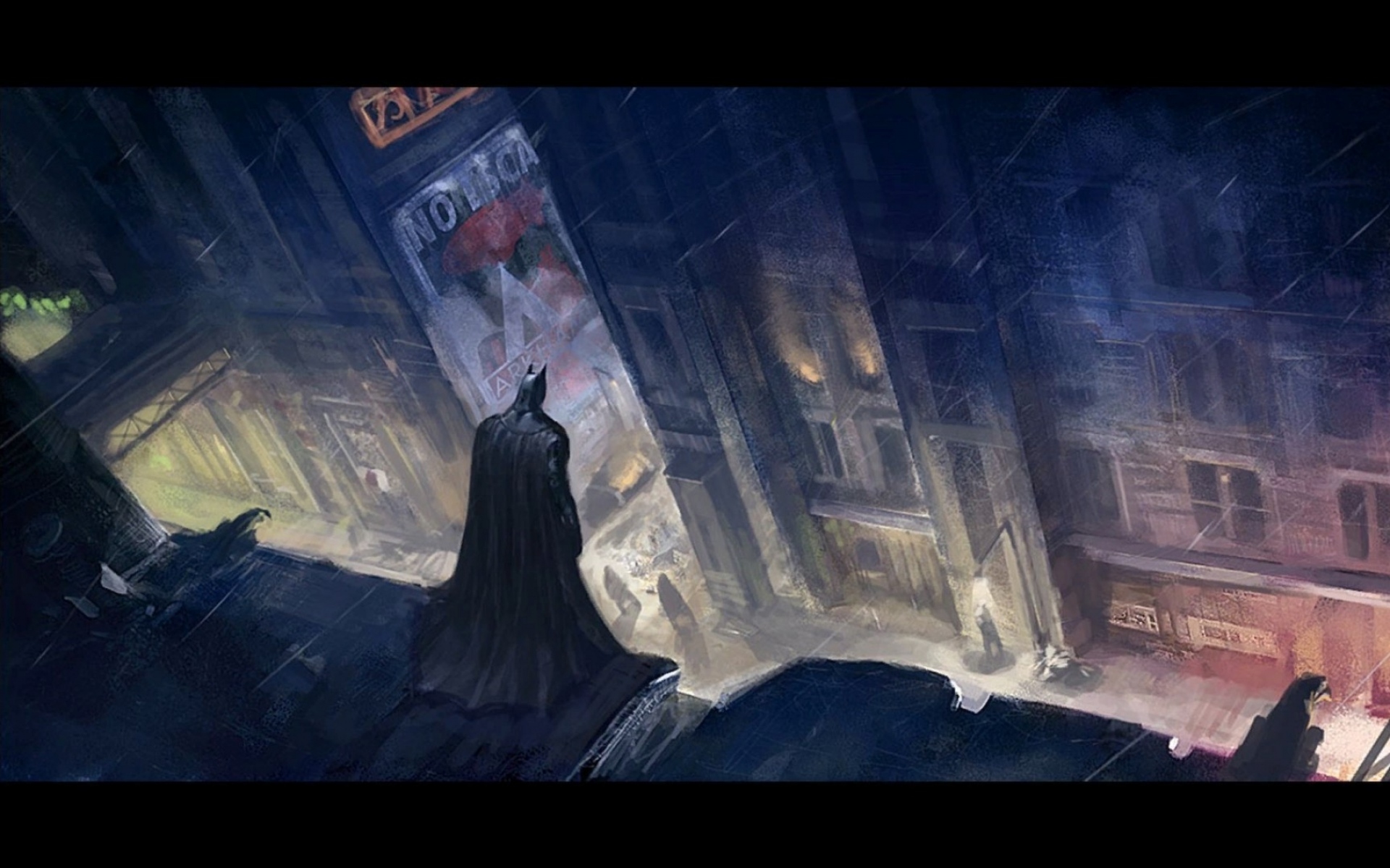 Картинки Бэтмен Аркхем город, фан-арт, картина, характер, город, улица, дождь фото и обои на рабочий стол
