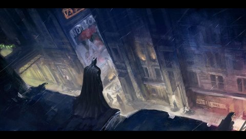 Бэтмен Аркхем город, фан-арт, картина, характер, город, улица, дождь