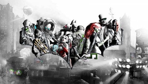 Batman arkham city, персонажи, город, лица, участники, черно-белые
