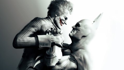 Batman arkham city, шутник, персонаж, улыбка, макияж, взгляд, стрижка, черно-белый