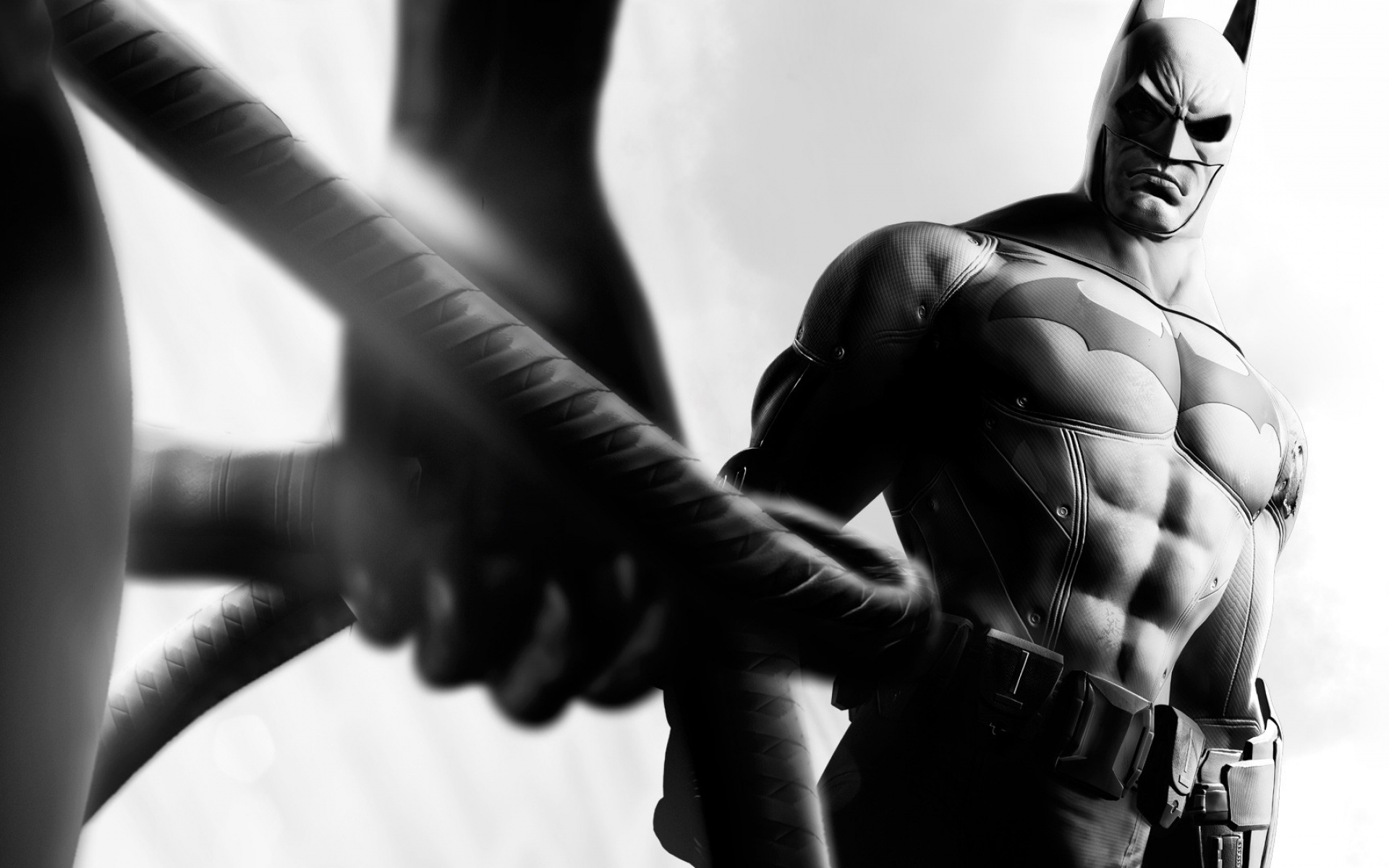 Картинки Batman arkham city, персонажи, рука, оборудование, взгляд, черно-белый фото и обои на рабочий стол