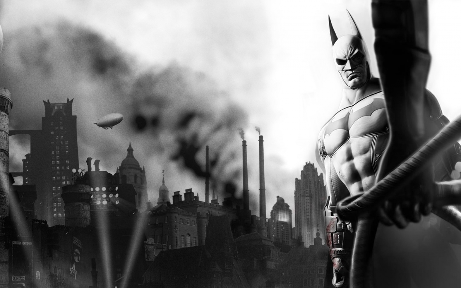 Картинки Batman arkham city, персонаж, рука, летучая мышь, город, черно-белый фото и обои на рабочий стол