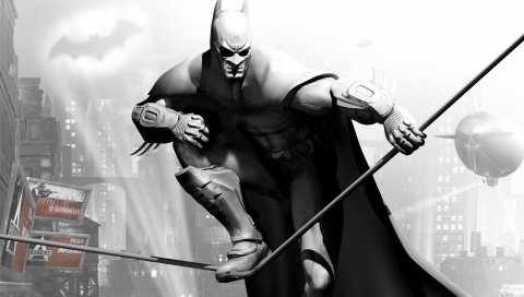 Batman arkham city, персонаж, плащ, дирижабль, летучая мышь, черно-белый