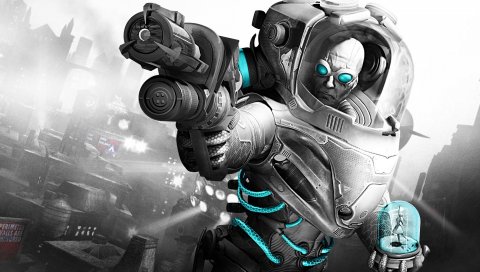 Batman arkham city, пистолет, персонаж, игрушка, город, черно-белый, mr замораживание