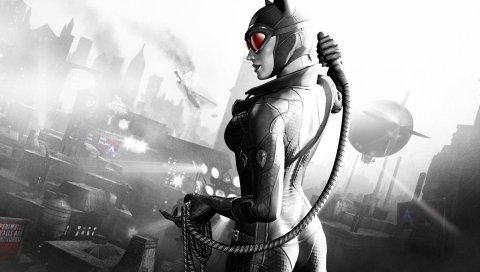 Batman arkham city, catwoman, девушка, город, дирижабль, черно-белый