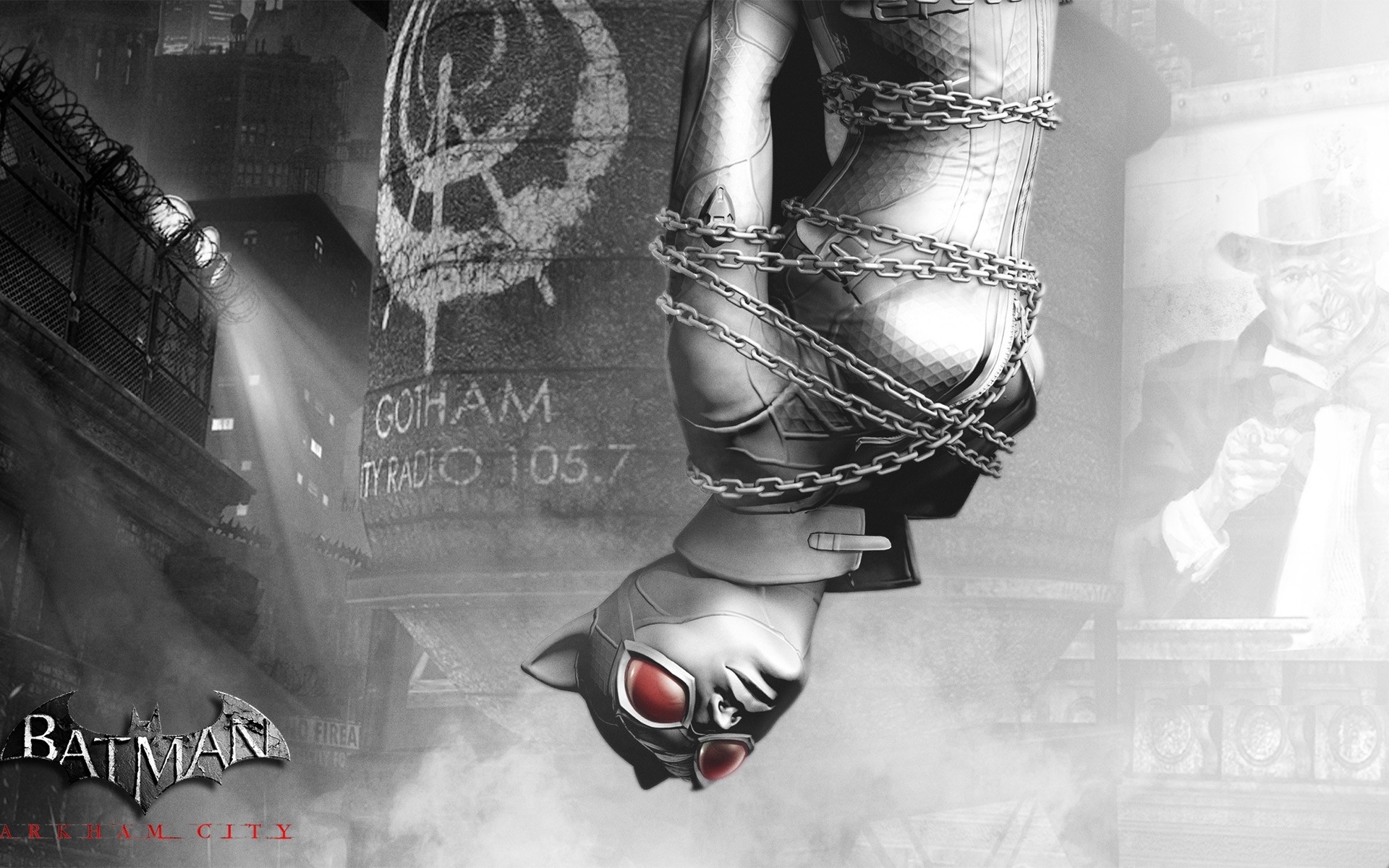 Картинки Batman arkham city, catwoman, blood, city, light, black and white фото и обои на рабочий стол