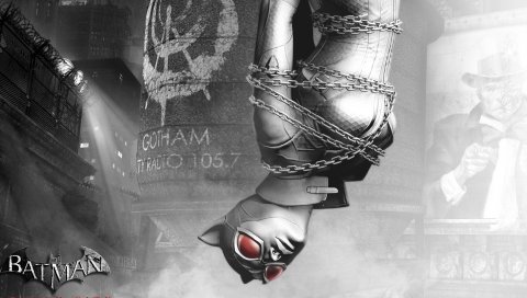 Batman arkham city, catwoman, blood, city, light, black and white
