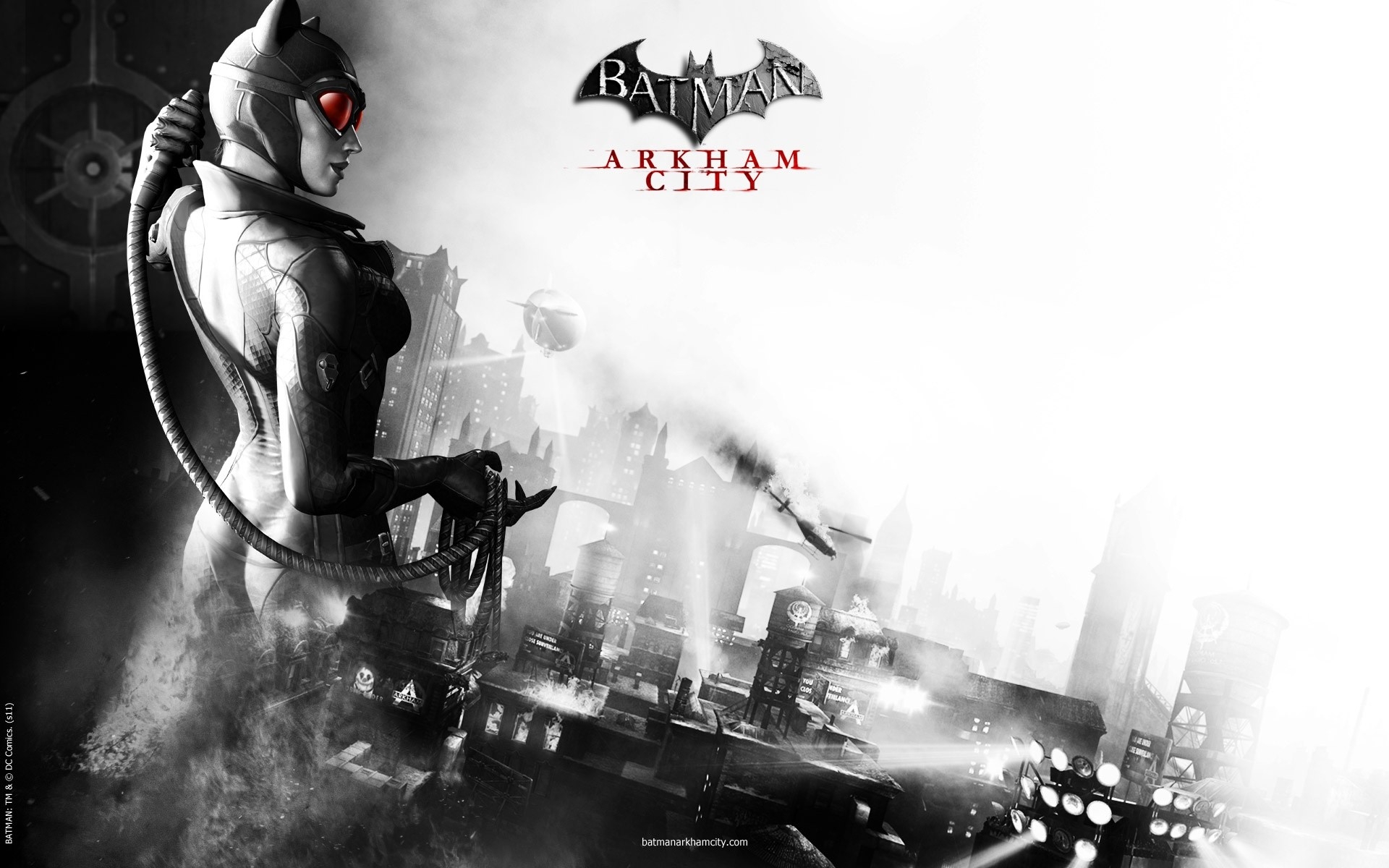 Картинки Batman arkham city, catwoman, game, name, girl, city, black and white фото и обои на рабочий стол