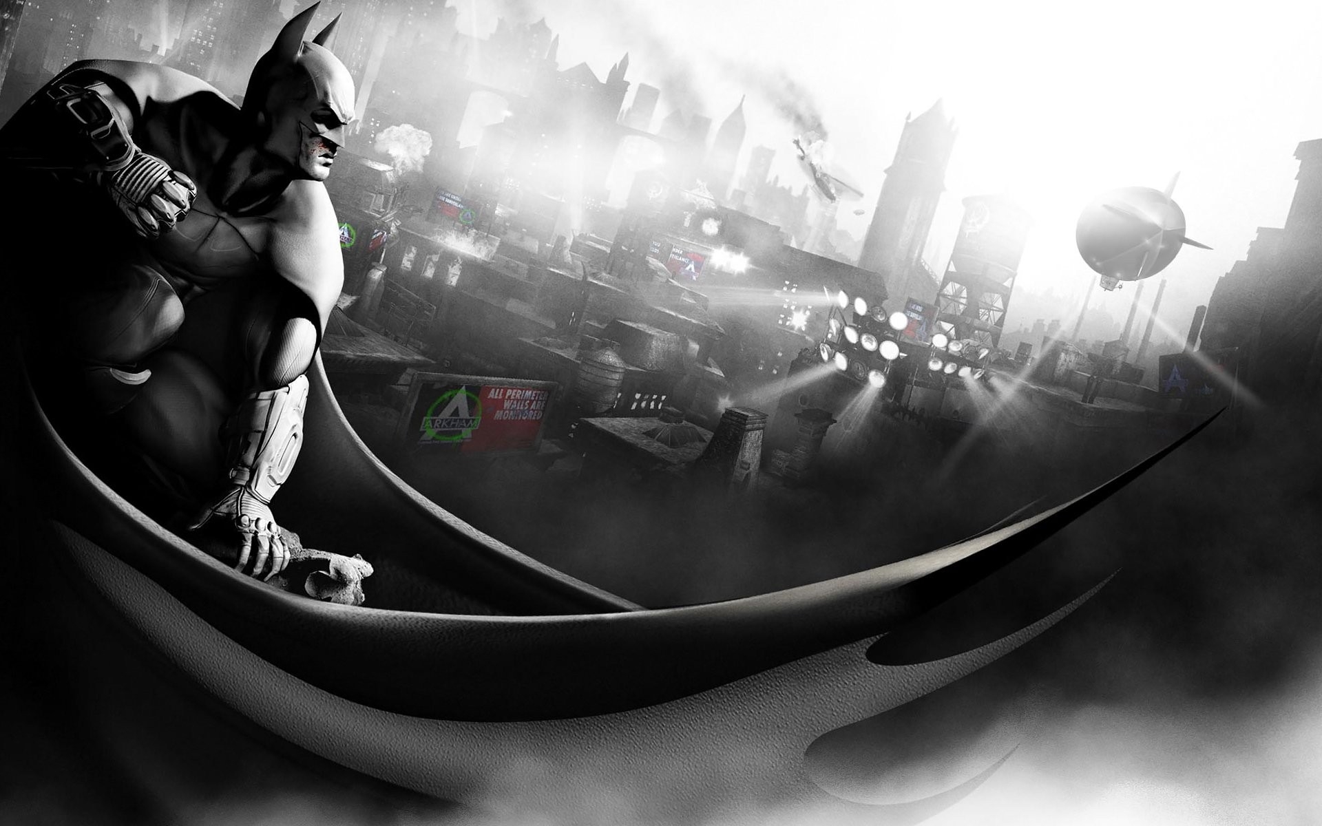 Картинки Batman arkham city, персонаж, плащ, город, кулак, черно-белый фото и обои на рабочий стол
