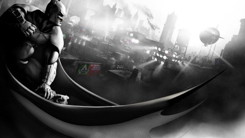Batman arkham city, персонаж, плащ, город, кулак, черно-белый