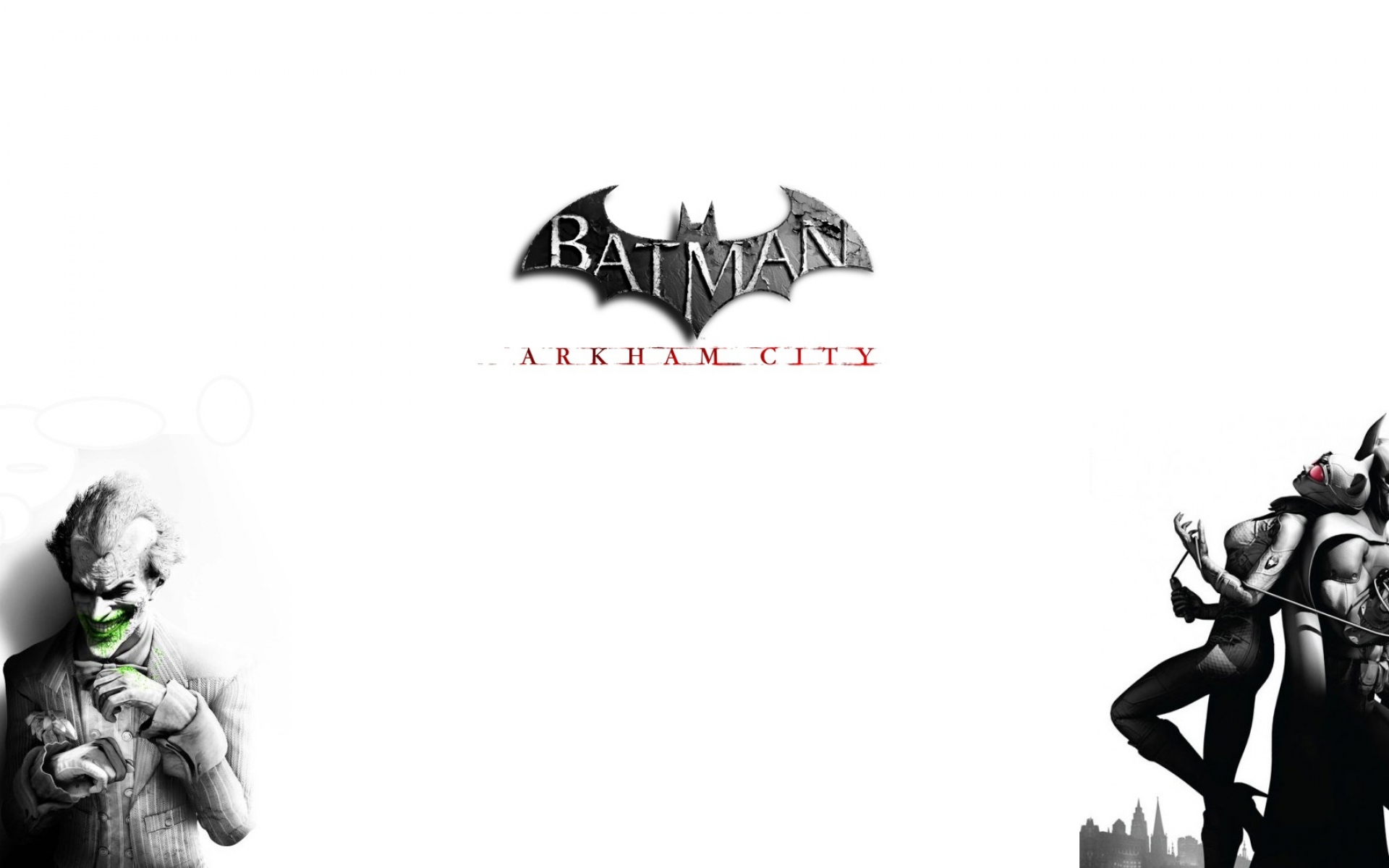 Картинки Бэтмен аркхем город, шутник, улыбка, персонажи, кошка, черно-белое, бэтмен фото и обои на рабочий стол