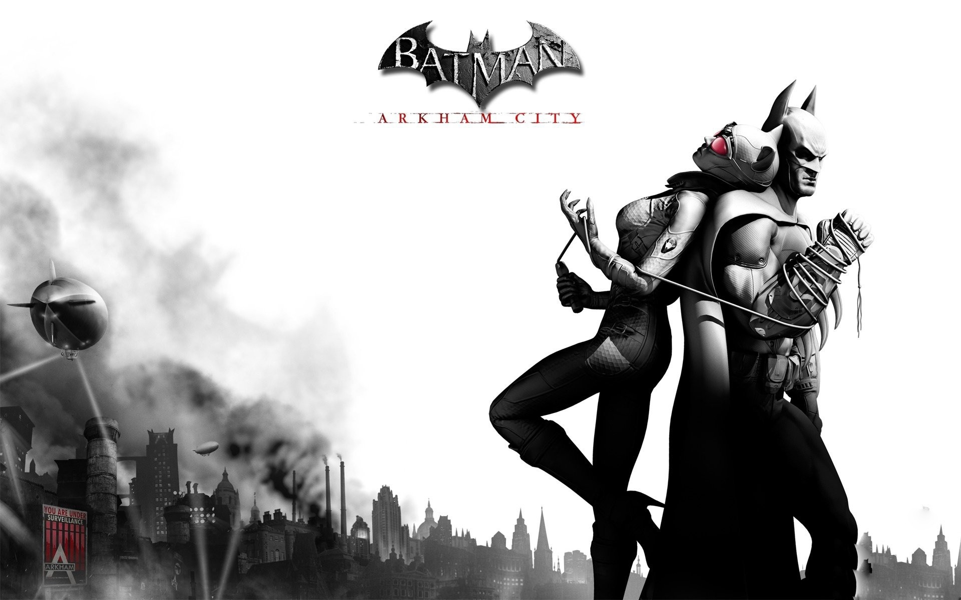 Картинки Batman arkham city, catwoman, дирижабль, город, облака, игра, имя, черно-белый, batman фото и обои на рабочий стол