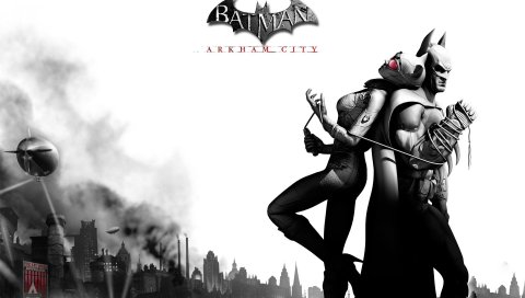 Batman arkham city, catwoman, дирижабль, город, облака, игра, имя, черно-белый, batman