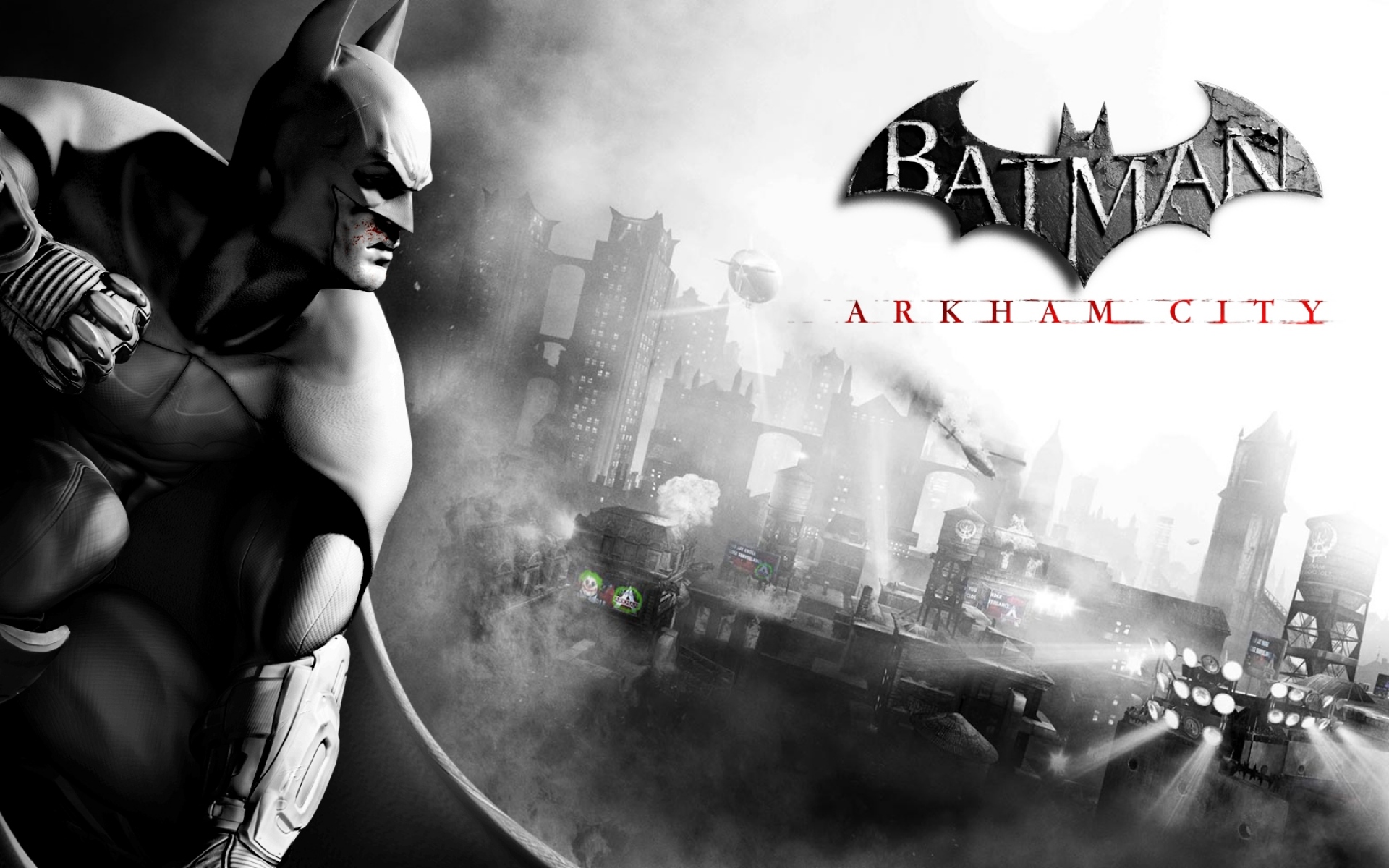 Картинки Batman arkham city, city, character, name, bat, black and white, batman фото и обои на рабочий стол