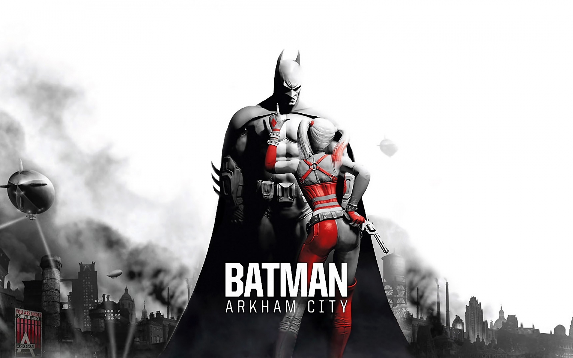 Картинки Batman arkham city, персонажи, девушка, пистолет, город, черно-белый, харли-квинн, бэтмен фото и обои на рабочий стол